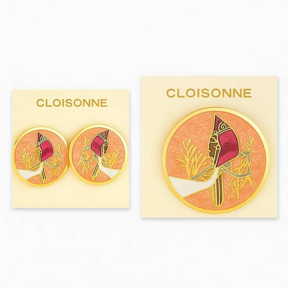 NWT Vintage Cloisonne Enamel Earrings And Brooch Set,  Cardinal Bird - Picture 1 of 8